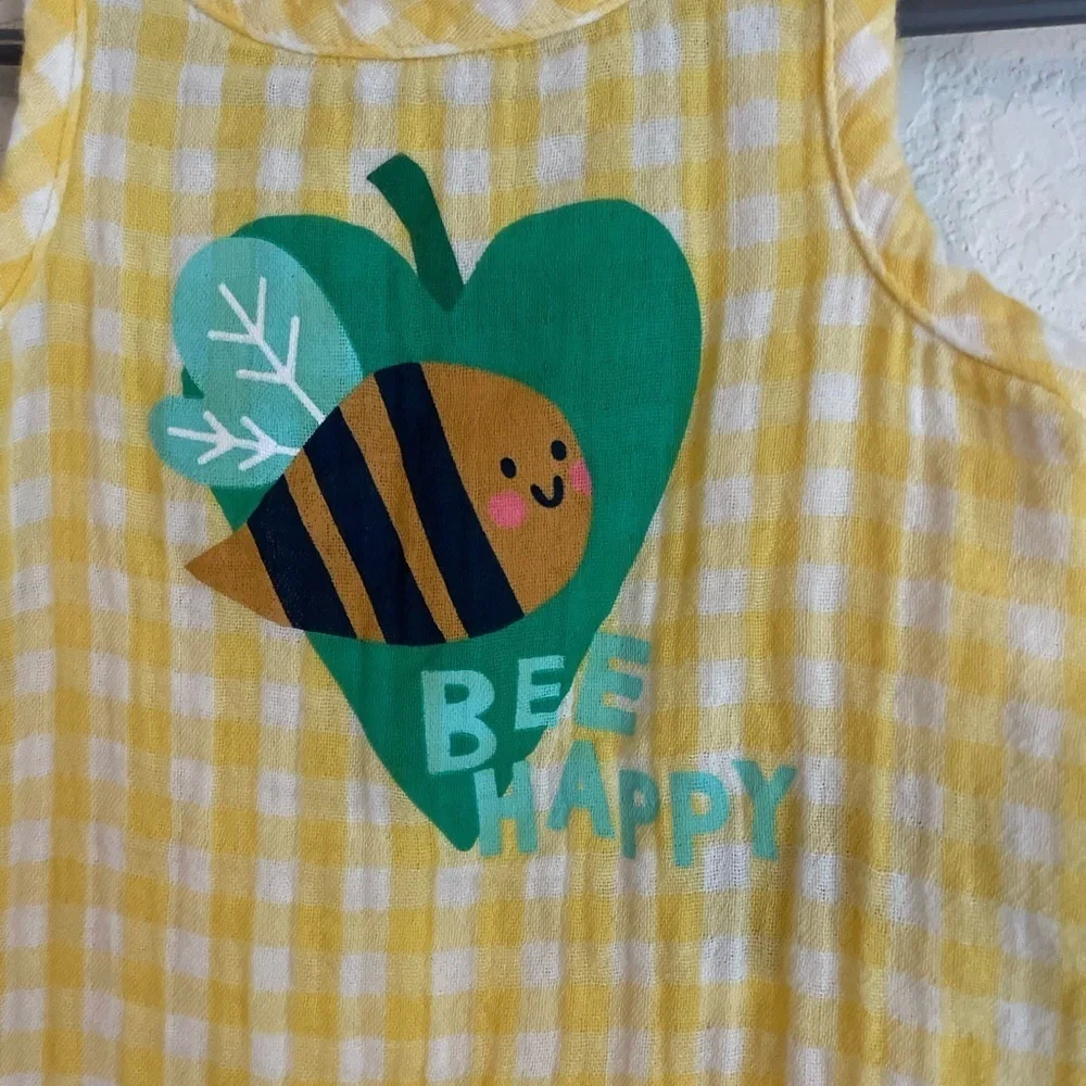 Old Navy Yellow Cotton Sleeveless Gingham Bee Happy Baby Romper size 3/6M